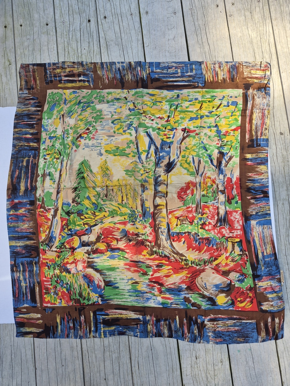 Vintage Multicolor Woodland Print Silk Scarf - Vibrant Nature Motif
